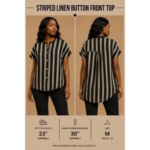 Avenue Striped Linen Blend Button Down Shirt Black Tan Plus Size 14/16 Short Slv